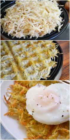 "17 Unexpected Foods You Can Cook In A Waffle Iron: None of these are waffles. All of them are delicious." -- Hash browns (shown); Cinnamon Rolls; Brownies; Cheeseburgers; S'mores; Soft Pretzels; Panini; Scrambled Eggs; Quesadillas; Falafel; Bacon; French Toast; Pizza; Chocolate Chip Cookies; Macaroni and Cheese; Philly Cheesesteak; Hot Dogs.
