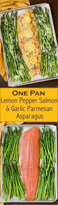 One Pan Roasted Lemon Pepper Salmon and Garlic Parmesan Asparagus - This is so easy to make and the flavor combo of the two is delicious!