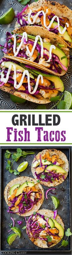 Grilled Fish Tacos with Lime Cabbage Slaw - these tacos are awesome! Delicious flavor and easy to make! Ditch the chili powder and cayenne. Use greek yogurt instead of sour cream.