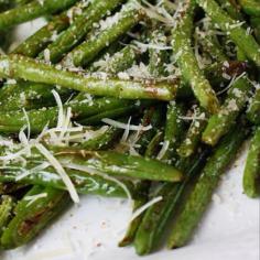 roasted green beans with olive oil and fresh parmesan. Another really good green bean recipe, and EASY!! :)
