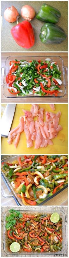 OVEN BAKED CHICKEN FAJITAS - The BEST Fajitas I've Ever Had & SO Easy to Make!!!    Ingredients:      SEASONING   1 Tbsp chili powder,  ½ Tbsp paprika, 1 tsp onion powder, 1 tsp garlic powder,  ¼ tsp cumin, ⅛ tsp cayenne pepper, 1/2 tsp dried cilantro, 1 tsp sugar, ½ tsp salt,  ½ Tbsp corn starch     FAJITAS  2 small (or 1 lg.) onion,  2 medium green bell peppers, 1 medium red bell pepper, 1 lb. chicken breast,  2 Tbsp vegetable oil,  8 (6-inch) tortillas,  ½ cup sour cream (optional)    INST...