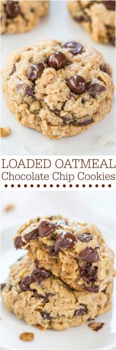 Loaded Oatmeal Chocolate Chip Cookies - Soft, chewy, and loaded with chocolate! Sinking your teeth into a thick, hearty cookie is the best!! My favorite cookie!