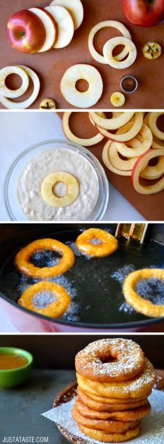 Apple Fritter Rings with Caramel Sauce https://justataste.com #breakfast #recipe #brunch #healthy #recipes