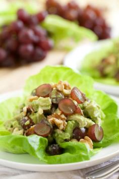 For my healthy chicken salad recipe I replaced the mayonnaise with a creamy avocado dressing, added grapes, celery and walnuts and creamy avocado dressing.