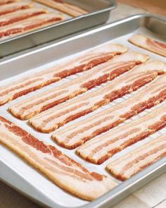 HOW TO COOK PERFECT BACON EVERY TIME! COOK BACON IN THE OVEN  I'm amazed how many people don't know this.  The trick is to put the pan in a cold oven and then switch it on and begin your timer. Cover cookie sheet with tin foil first. Turn oven to 375 for about 20 min instead of 400 for ten because the lower and slower the more fat renders out. Perfect bacon, every time.