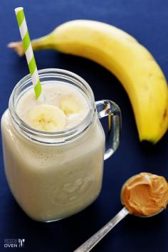 Peanut Butter Banana Smoothie Recipe | gimmesomeoven.comYield: 2 servings   Peanut Butter Banana Smoothie    You'll love this peanut butter banana smoothie!! It's easy to make, and packed with protein-rich ingredients that will give you lots and lots of energy.  Prep: 5 mins Total: 5 mins   Ingredients:  •1 large banana, peeled •1 cup ice cubes •1/2 cup almond milk •1/4 cup Greek yogurt •1 heaping Tbsp. peanut butter •1/2 tsp. vanilla extract