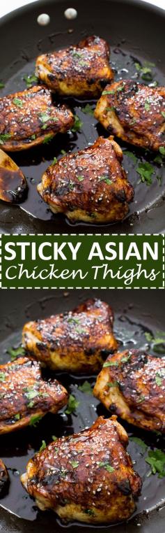 
                    
                        Sticky Tender Asian Chicken Thighs smothered in a sweet and spicy Asian inspired sauce. Juicy, tender and loaded with flavor! | chefsavvy.com #recipe #asian #chicken #dinner #thighs
                    
                