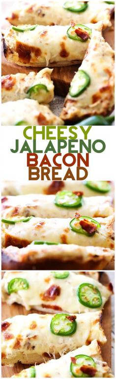 Cheesy Jalapeno Bacon Bread : this recipe is cheesy, flavorful and has a delicious kick of heat with a cream cheese spread to cool it down... it truly is INCREDIBLE and will be one of the most talked about appetizers!