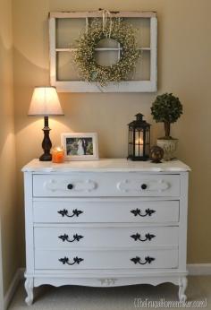 Decor ideas... flea market dresser painted. old window with wreath