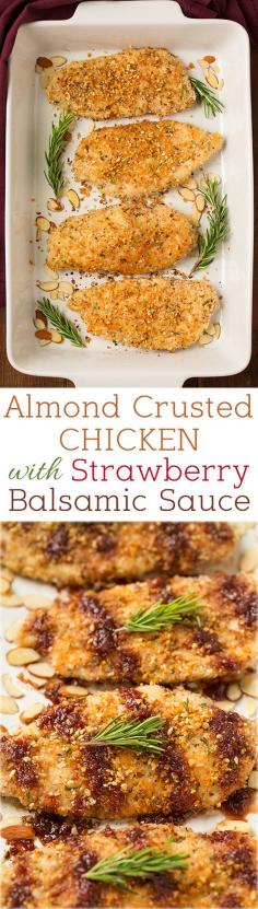 Almond Crusted Chicken with Strawberry Balsamic Sauce - this chicken is seriously delicious! Flavorful and easy to make! Sub almond flour to make GF