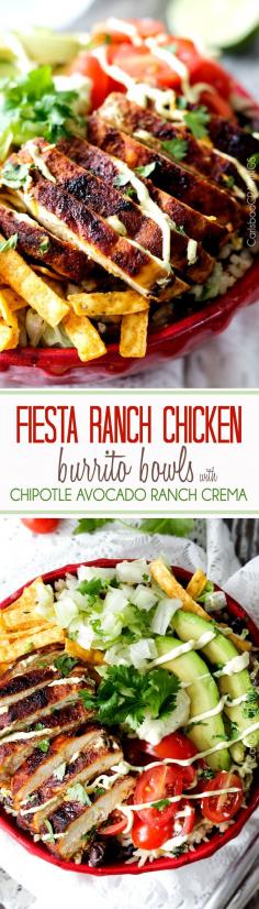 Fiesta Ranch Chicken Burrito Bowls piled with tender, marinated fiesta ranch chicken, cheesy one pot cilantro lime rice with black beans, guilt free Chipotle Ranch Avocado Crema and all your favorite burrito fixins'. An easy, explosion of flavor! #burrito #Mexican #ranchchicken #burritobowl #chipotle @Hidden Valley @Walmart