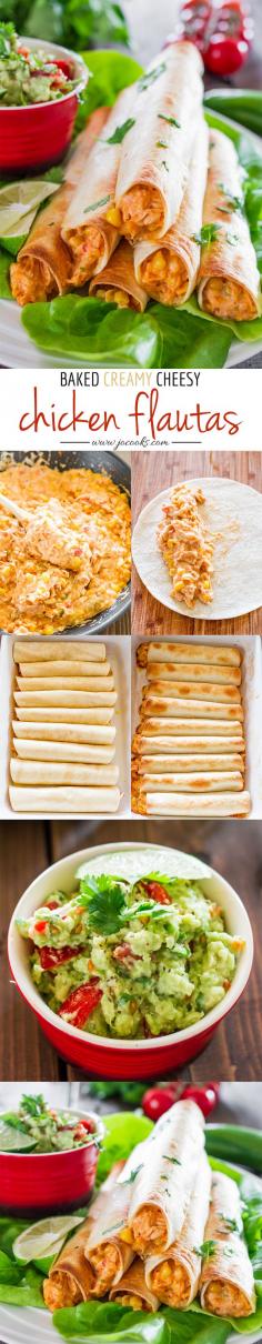 Baked Creamy Cheesy Chicken Flautas with Guacamole Mexican food, #mexican #recipe