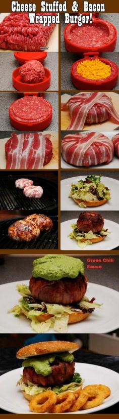 Cheese Stuffed  Bacon Wrapped Burger!      |     Organize your favourite recipes on your iPhone or iPad with @RecipeTin! Find out more here: www.recipetinapp.com      #recipes #burgers