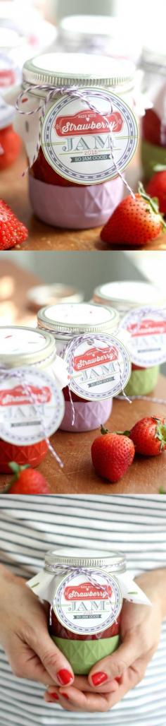 
                    
                        I love to gift my strawberry freezer jam recipe because I make so much and because I think anything in a mason jar is instantly adorable and gift-worthy! Learn how to make it plus get free printable labels!
                    
                