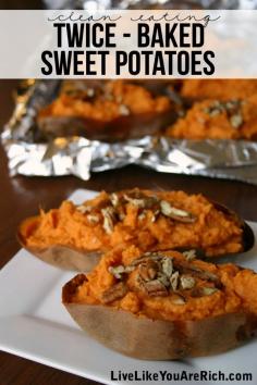 These Clean Eating Twice Baked Sweet Potatoes are simple to make, use only healthy real food ingredients, and are the perfect side dish for just about any meal! The sweet maple flavor and crunchy pecans always make them a favorite! | Feel Great in 8