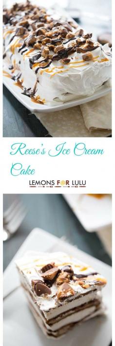 You are going to love this quick, no fuss dessert!  Ice cream sandwiches form the “cake” layer in this ice cream cake recipe, while Reese’s Peanut Butter Cups, peanut butter, caramel and chocolate sauce make a truly decadent filling! lemonsforlulu.com