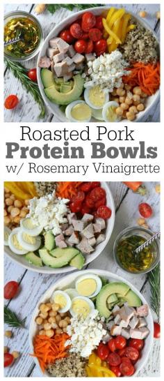 Roasted Pork Protein Bowls with quinoa, hard boiled egg, feta cheese, avocado and all of your favorite vegetables + Rosemary Vinaigrette :  an easy, make-ahead recipe for dinner or lunch.  My family absolutely loves this meal!