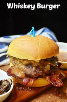 Whiskey Burger| Juicy, thick burger with sauteed mushrooms and onions, bacon and topped with whiskey sauce...Sue 2013
