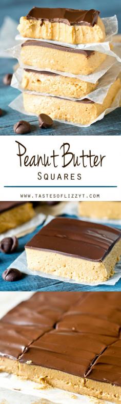 No Bake - Mix 3½ cups peanut butter, ¾ cup butter, softened    3¾ cups powdered sugar  ½ cup brown sugar,  ½ Tbsp vanilla press in foil lined 11x13 pan.  Melt  6 ounces  chocolate chips 1T milk Peanut Butter Squares are the classic school lunchroom treat from your childhood. This no-bake dessert has a thick layer of peanut butter topped with a layer of chocolate.