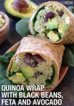 Quinoa wrap with black beans, feta and avocado via @Allison j.d.m j.d.m j.d.m j.d.m Adams Green mama cooks/ // #Quinoa #avocado #wrap #Spinach #feta