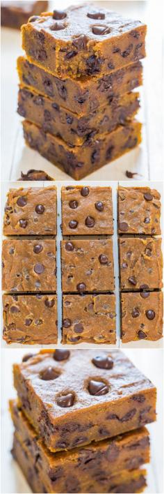 Soft Pumpkin Chocolate Chip Bars - Super soft and are like biting into a piece of rich pumpkin fudge! Loaded with chocolate and crazy good!! Substituting gluten free flour.