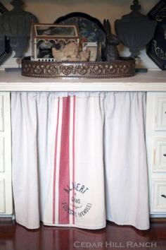 Make a kitchen skirt from a feed sack or kitchen towel! www.cedarhillfarmhouse.com