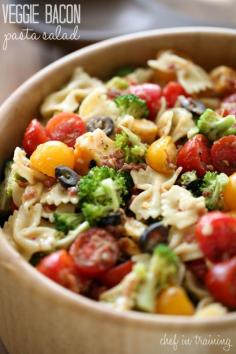 Veggie Bacon Pasta Salad recipe from chef-in-training.com …This is a delicious and colorful side dish idea that whips up in no time at all!