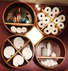 Cute bathroom storage!!! Barrel cut into sections and hung on the wall for a unique looking shelf in the bathroom...Click on the image for more information on "DIY Bathroom Storage" by Kitchen Bath Trends(Cool basement/man cave bathroom idea)