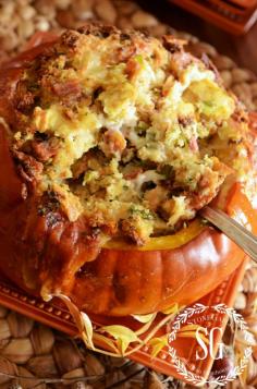 GRUYERE BACON GREEN ONIONS ROASTED STUFFED Pumpkin Recipe (might be a great alternative to stuffing)