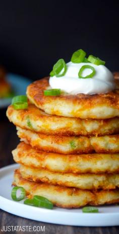 Cheesy Leftover Mashed Potato Pancakes #recipe from justataste.com