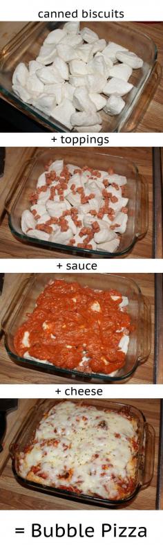 Bubble pizza recipe (canned biscuits, sauce, toppings, cheese)