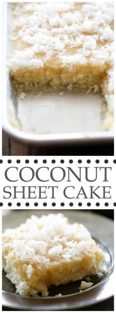 LOVE ME SPME COCONUT CAKE!!!!  Coconut Sheet Cake from chef-in-training.com ...This cake literally MELTS IN YOUR MOUTH!!! It is beyond delicious and super simple to make! One of my favorite cake recipes to date!