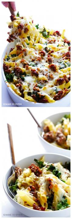 5-Ingredient Italian Sausage and Kale Baked Ziti | https://gimmesomeoven.com #pasta #noodles #recipe #easy #recipes
