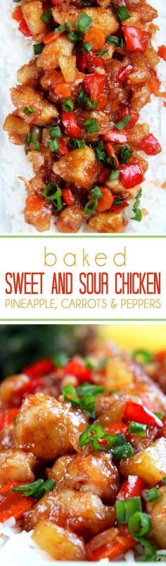 The BEST Sweet and Sour chicken - takeout OR homemade - I have ever had in my entire life! It is also baked with pineapple, carrots, onions and bell peppers all in ONE BAKING DISH! No need to stir fry extra veggies! #sweetsourchicken #chinesefood #fakeouttakeout ==REALLY MUST TRY THIS DISH !!!!  I JUST KNOW THAT ROBERT & I WILL LOVE IT==