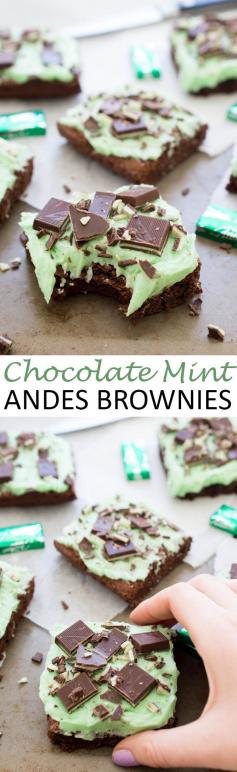 
                    
                        Ultra Fudgey Chocolate Mint Andes Brownies topped with a thick layer of Peppermint Buttercream Frosting. | chefsavvy.com #recipe #chocolate #mint #andes #brownie #dessert
                    
                