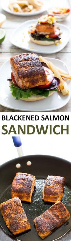 Blackened Salmon Sandwich with a Sweet and Smokey Grilled Corn Salsa. Super easy to make and loaded with tons of flavor. | chefsavvy.com #recipe #salmon #sandwich #blackened