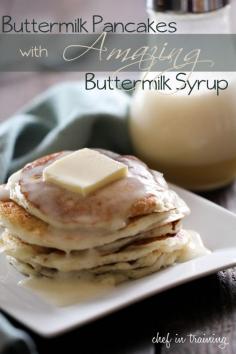 Buttermilk Pancakes with AMAZING Buttermilk Syrup from chef-in-training.com I WILL NEVER EAT REGULAR SYRUP AGAIN, AND HAVE FOUND MY GO TO PANCAKE RECIPE! ...Honestly the best pancakes and syrup I have ever had. EVERYONE who has tried these RAVES about them! #breakfast #recipe