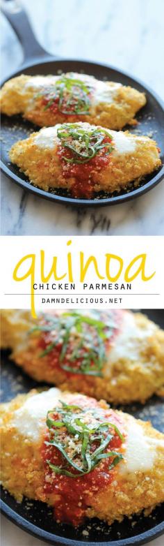 Quinoa Chicken Parmesan - With an amazingly crisp quinoa crust, you'll never guess that this is actually so healthy! This recipe is not gluten free as is, but I will be replacing the flour with gluten free flour.