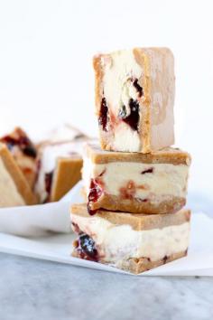 peanut butter and jelly ice cream sandwiches; eggless peanut butter cookie dough encases homemade custard grape jelly ice cream; amazing