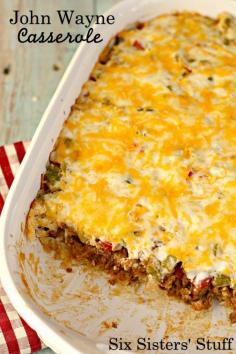 John Wayne Casserole (a.k.a. Beef and Biscuit Casserole) on SixSistersStuff.com- perfect for a busy weeknight! •2 lbs lean ground beef •1 (1 oz) packet taco seasoning (or 2 tablespoons homemade taco seasoning) •¾ cup water •½ cup sour cream •½ cup light mayonnaise •1 cup cheddar cheese, shredded •1 onion, diced •2 cups biscuit mix (I used Bisquick) •1 cup water •2 roma tomatoes, diced •1 green bell pepper, diced •1 (4 oz) can green chilis