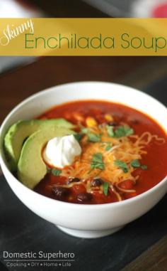 Skinny Enchilada Soup A lightened version of a Paula Deen recipe. It cuts a ton of the calories, but none of the flavor. This healthy vegetarian soup is loaded with three different kinds of beans, fire-roasted tomatoes, onions, and corn, cheese - lots of it. This delicious soup is ultra cheesy, spicy, and hearty. This easy soup recipe very versatile. May add ground beef to the recipe. Can just throw all the ingredients into a slow cooker