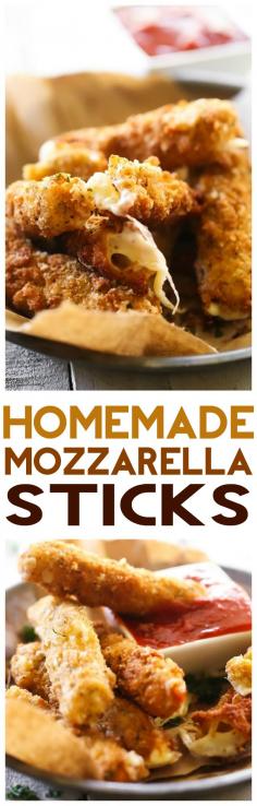 ~~Homemade Mozzarella Sticks... these are easy and absolutely DELICIOUS! The crispy outside filled with ooey gooey cheese makes for one addictive and tasty appetizer!~~