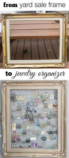This DIY framed jewelry and earring organizer from Martys Musings is created inexpensively from a yardsale frame and chicken wire. Perfect for hanging necklaces or earrings.