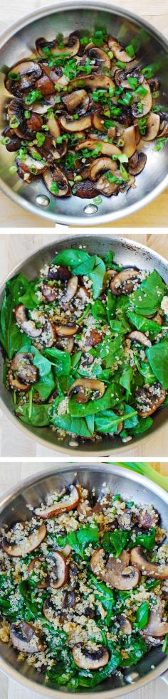 Spinach and mushroom quinoa sauteed in garlic and olive oil. Gluten free, vegetarian, vegan, low in carbs and calories, high in fiber JuliasAlbum.com #healthy_recipes #salad #appetizer #side_dish