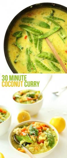 EASY 30 Minute Coconut Curry, loaded with veggies and creamy coconut flavor! #vegan #glutenfree #healthy #soup #recipes #lunch #recipe #food
