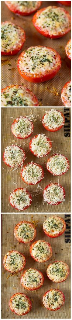 Parmesan and Asiago Cheese Roasted Tomatoes - I love this easy side! So delish! by @Jaclyn Cooking Classy