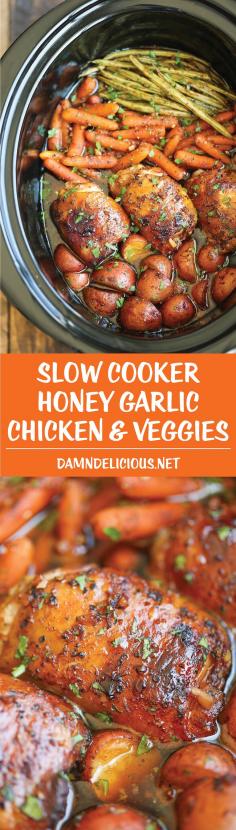 Slow Cooker Honey Garlic Chicken and Veggies - The easiest one pot recipe ever. Simply throw everything in and thats it! No cooking, no sauteeing. SO EASY!  #crockpot #recipe #slowcooker #easy #recipes