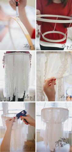 inspired by lovely | a collection of home, craft and design inspiration | Juliet Jones: DIY fabric chandelier. I wonder if it would work with beads. For girls room