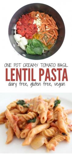 Creamy Tomato Basil Lentil Pasta - Gluten free, dairy free and vegan!