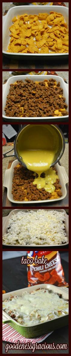 (I believe that mom called it "Frito Pie.") Taco Bake #taco #easyrecipe #casserole I would use shredded cheddar instead of cheese soup